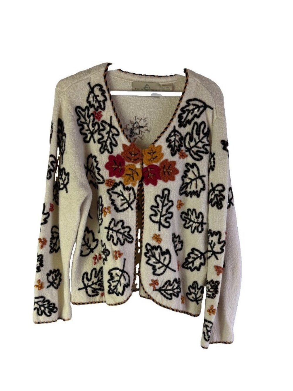 Design Options Cardigan Sweater Fall Leaves Embroidered Knit